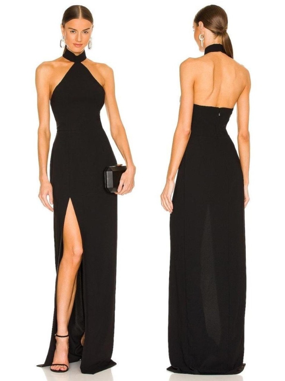 Amanda Uprichard Black Halter Neck Maxi Dress with Side Slit